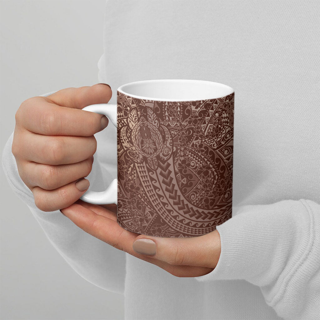 Hawaiian Turtles and Leis Ceramic Mug Tribal Kakau Pattern Mocha Mousse Color