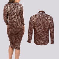 Hawaiian Turtles and Leis Couples Matching Long Sleeve Bodycon Dress and Long Sleeve Button Shirt Tribal Kakau Pattern Mocha Mousse Color