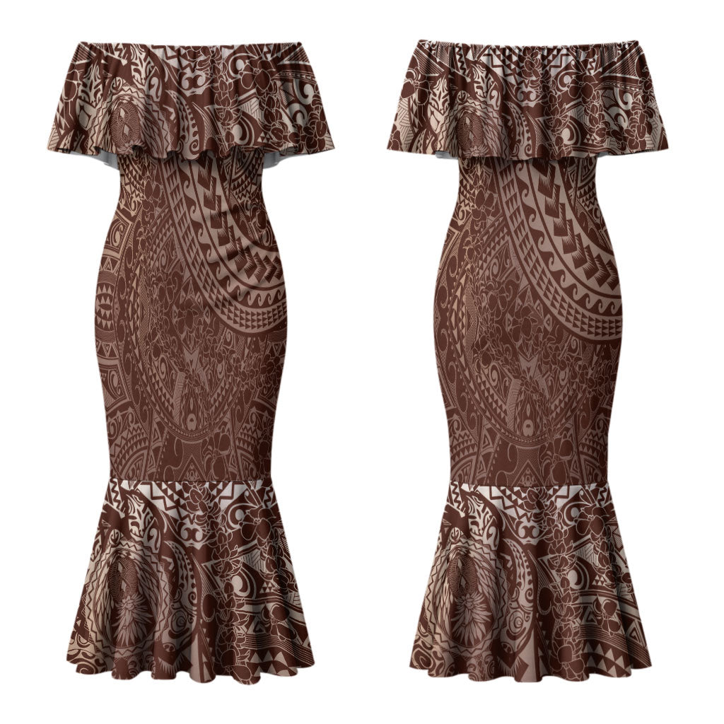 Hawaiian Turtles and Leis Couples Matching Mermaid Dress and Hawaiian Shirt Tribal Kakau Pattern Mocha Mousse Color LT03 - Polynesian Pride