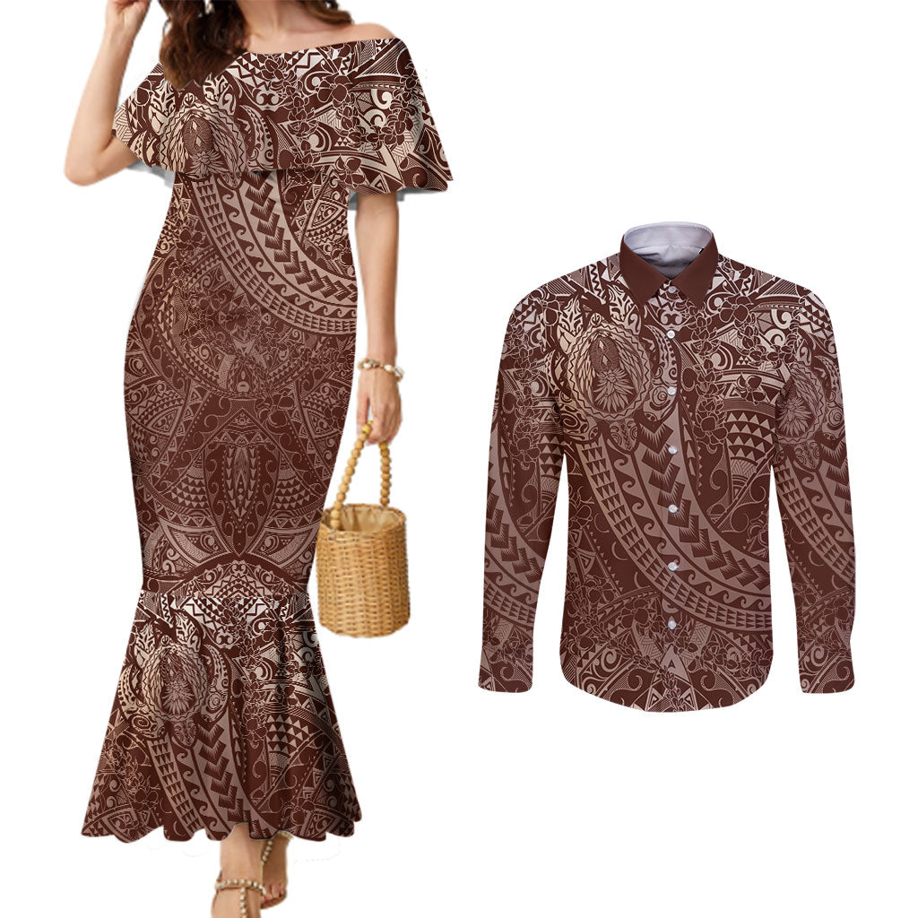 Hawaiian Turtles and Leis Couples Matching Mermaid Dress and Long Sleeve Button Shirt Tribal Kakau Pattern Mocha Mousse Color LT03 Mocha Mousse - Polynesian Pride