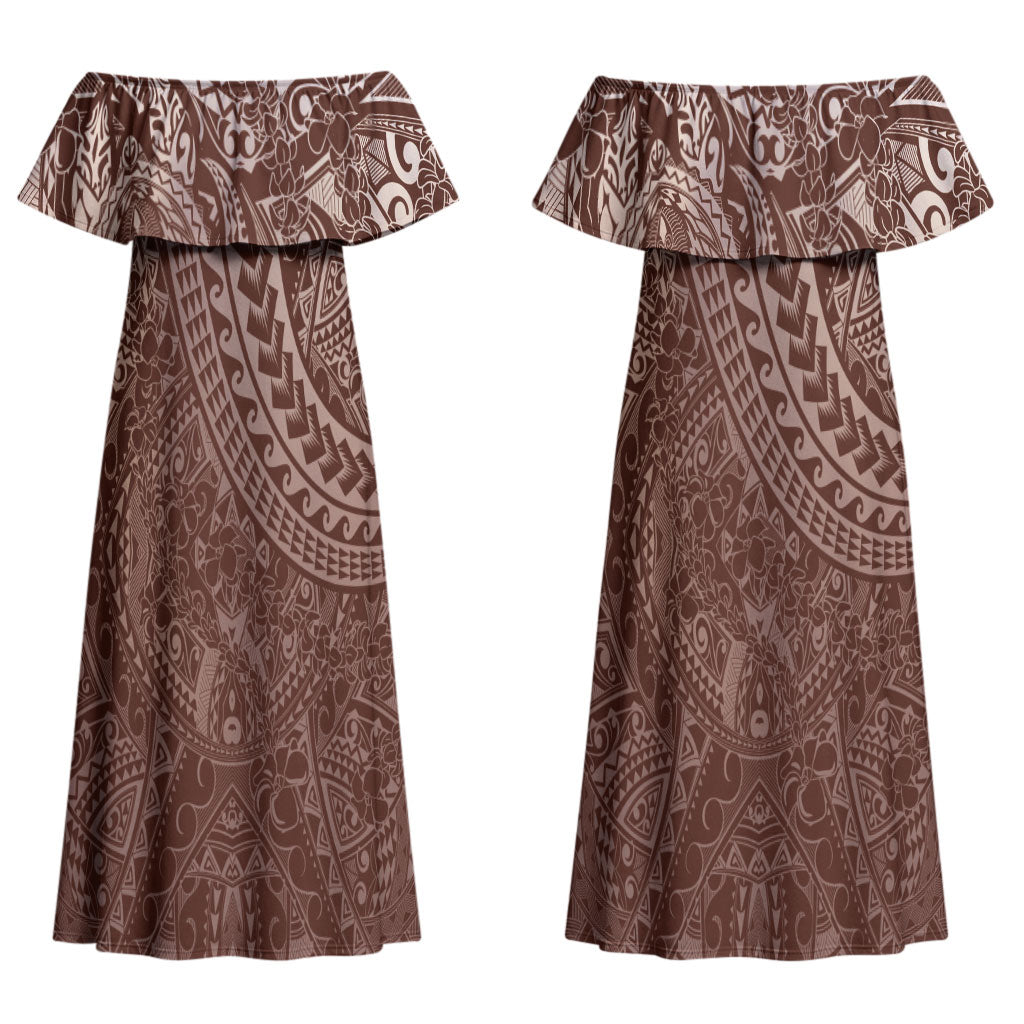 Hawaiian Turtles and Leis Couples Matching Off Shoulder Maxi Dress and Hawaiian Shirt Tribal Kakau Pattern Mocha Mousse Color LT03 - Polynesian Pride