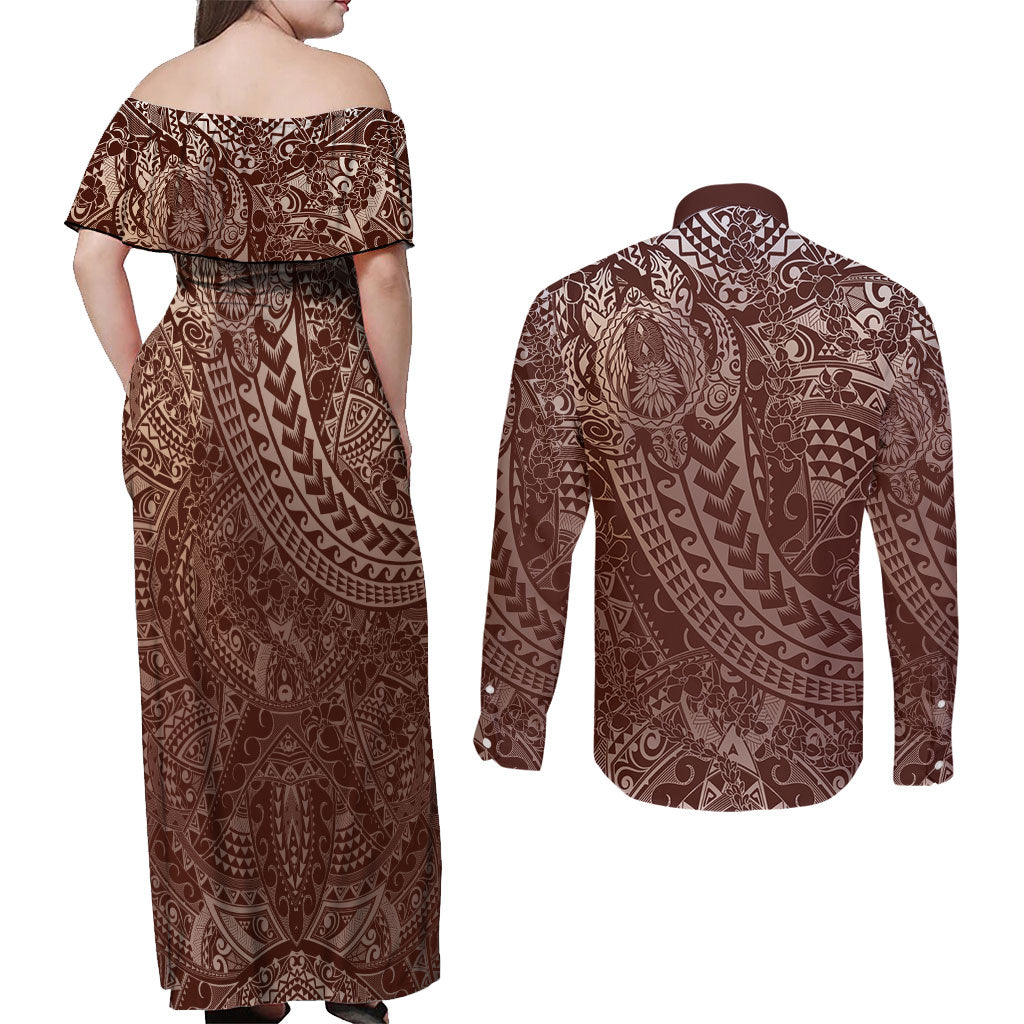 Hawaiian Turtles and Leis Couples Matching Off Shoulder Maxi Dress and Long Sleeve Button Shirt Tribal Kakau Pattern Mocha Mousse Color