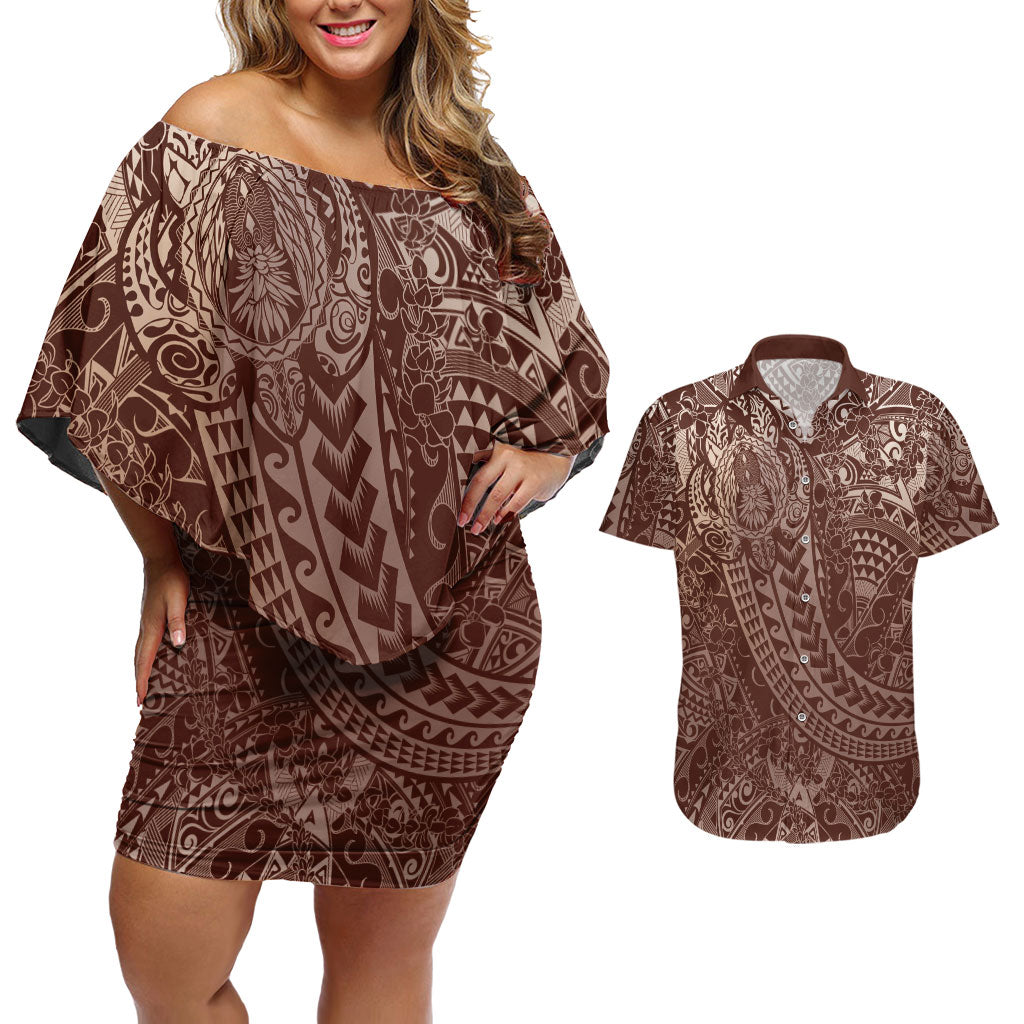Hawaiian Turtles and Leis Couples Matching Off Shoulder Short Dress and Hawaiian Shirt Tribal Kakau Pattern Mocha Mousse Color LT03 Mocha Mousse - Polynesian Pride