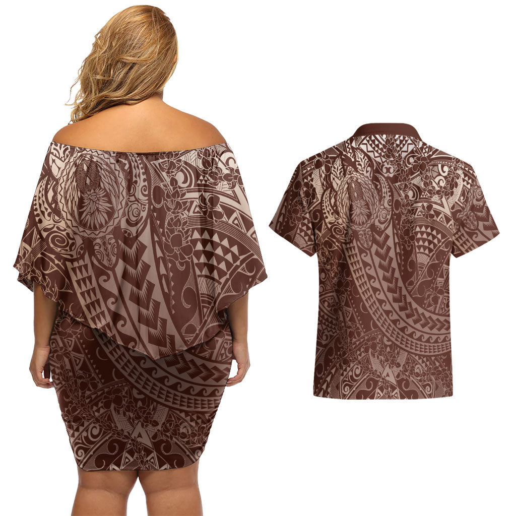 Hawaiian Turtles and Leis Couples Matching Off Shoulder Short Dress and Hawaiian Shirt Tribal Kakau Pattern Mocha Mousse Color