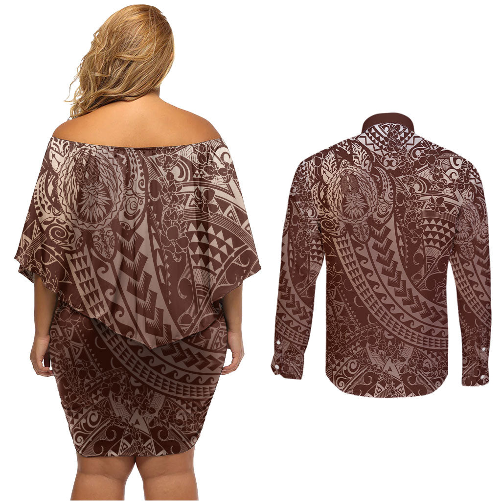 Hawaiian Turtles and Leis Couples Matching Off Shoulder Short Dress and Long Sleeve Button Shirt Tribal Kakau Pattern Mocha Mousse Color