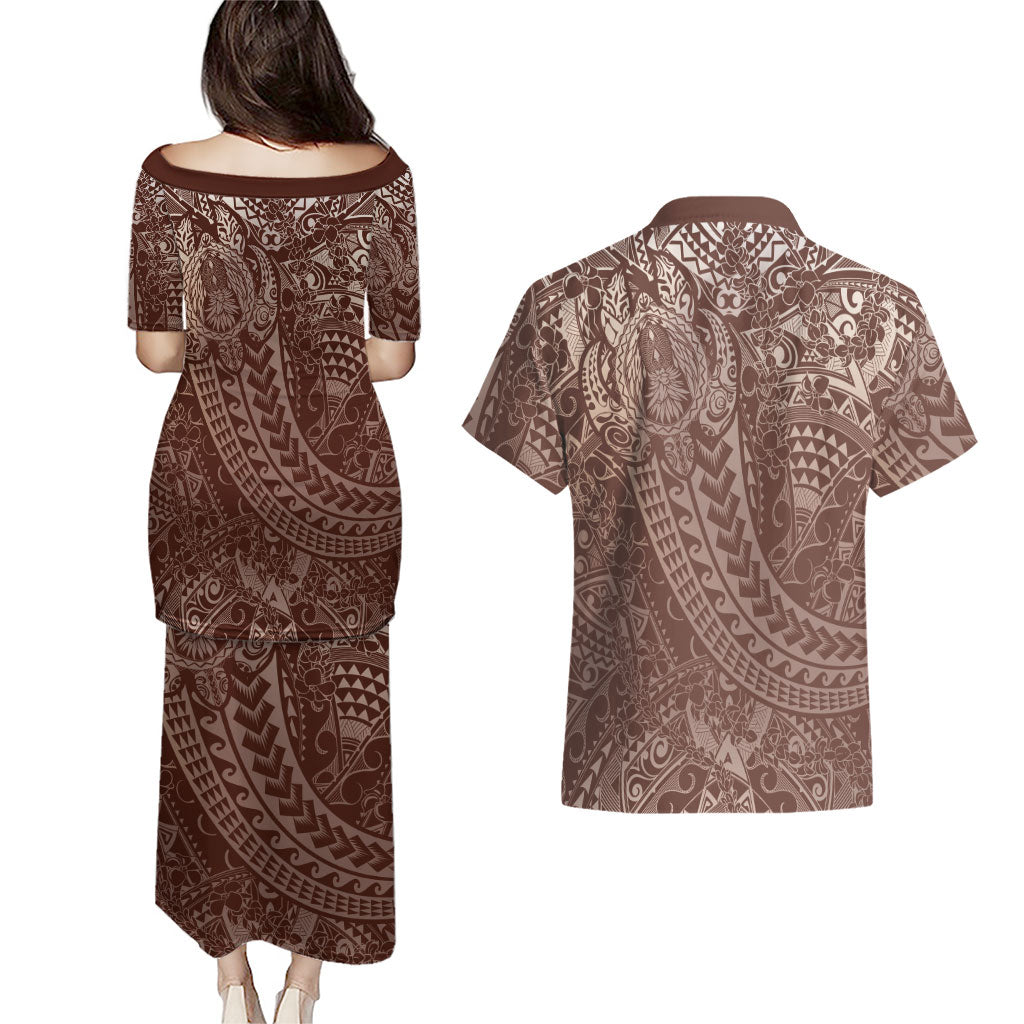 Hawaiian Turtles and Leis Couples Matching Puletasi and Hawaiian Shirt Tribal Kakau Pattern Mocha Mousse Color
