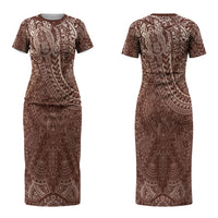 Hawaiian Turtles and Leis Couples Matching Short Sleeve Bodycon Dress and Hawaiian Shirt Tribal Kakau Pattern Mocha Mousse Color LT03 - Polynesian Pride
