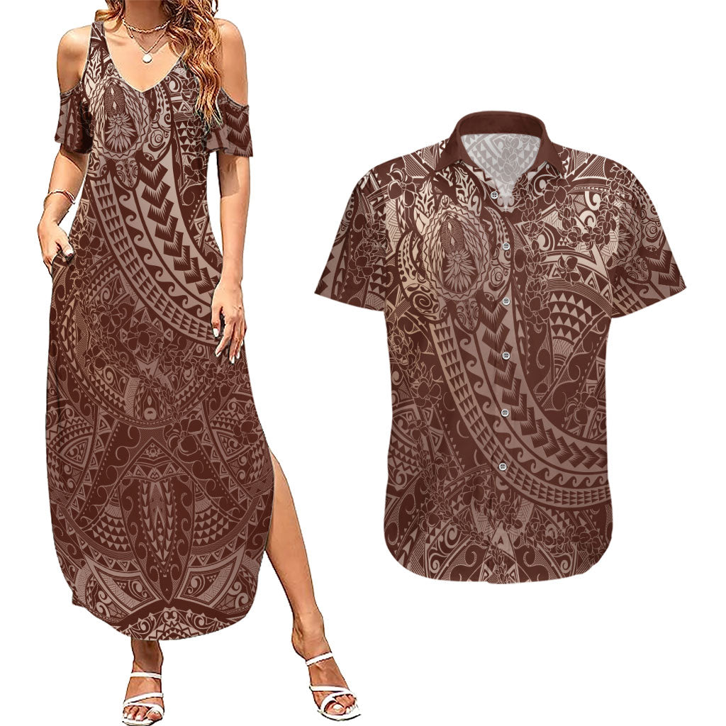 Hawaiian Turtles and Leis Couples Matching Summer Maxi Dress and Hawaiian Shirt Tribal Kakau Pattern Mocha Mousse Color LT03 Mocha Mousse - Polynesian Pride