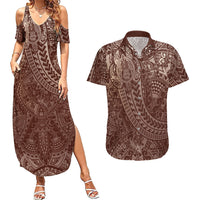 Hawaiian Turtles and Leis Couples Matching Summer Maxi Dress and Hawaiian Shirt Tribal Kakau Pattern Mocha Mousse Color