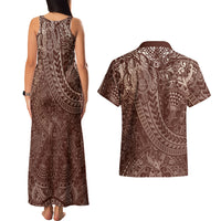 Hawaiian Turtles and Leis Couples Matching Tank Maxi Dress and Hawaiian Shirt Tribal Kakau Pattern Mocha Mousse Color