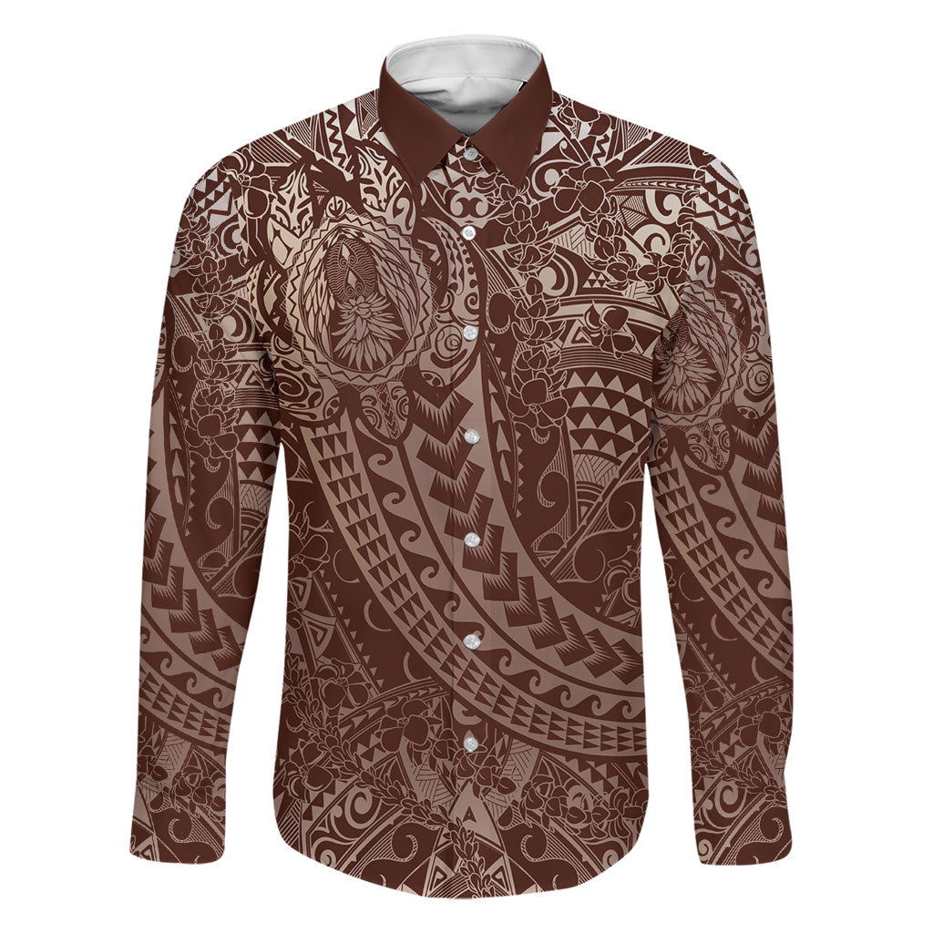 Hawaiian Turtles and Leis Family Matching Long Sleeve Bodycon Dress and Hawaiian Shirt Tribal Kakau Pattern Mocha Mousse Color