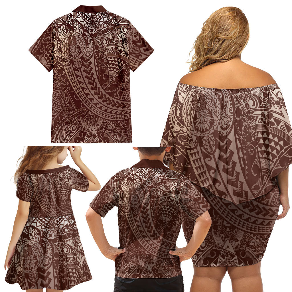 Hawaiian Turtles and Leis Family Matching Off Shoulder Short Dress and Hawaiian Shirt Tribal Kakau Pattern Mocha Mousse Color
