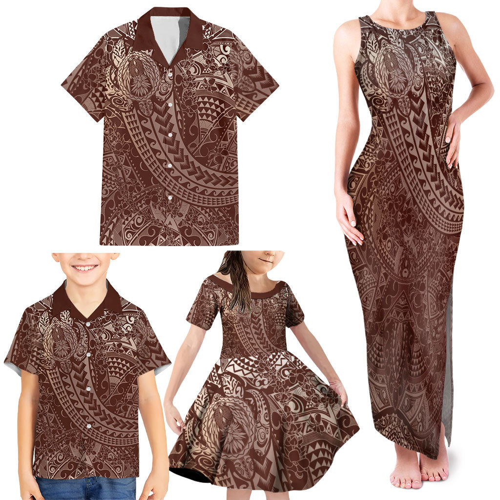Hawaiian Turtles and Leis Family Matching Tank Maxi Dress and Hawaiian Shirt Tribal Kakau Pattern Mocha Mousse Color