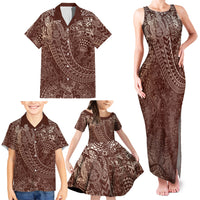 Hawaiian Turtles and Leis Family Matching Tank Maxi Dress and Hawaiian Shirt Tribal Kakau Pattern Mocha Mousse Color