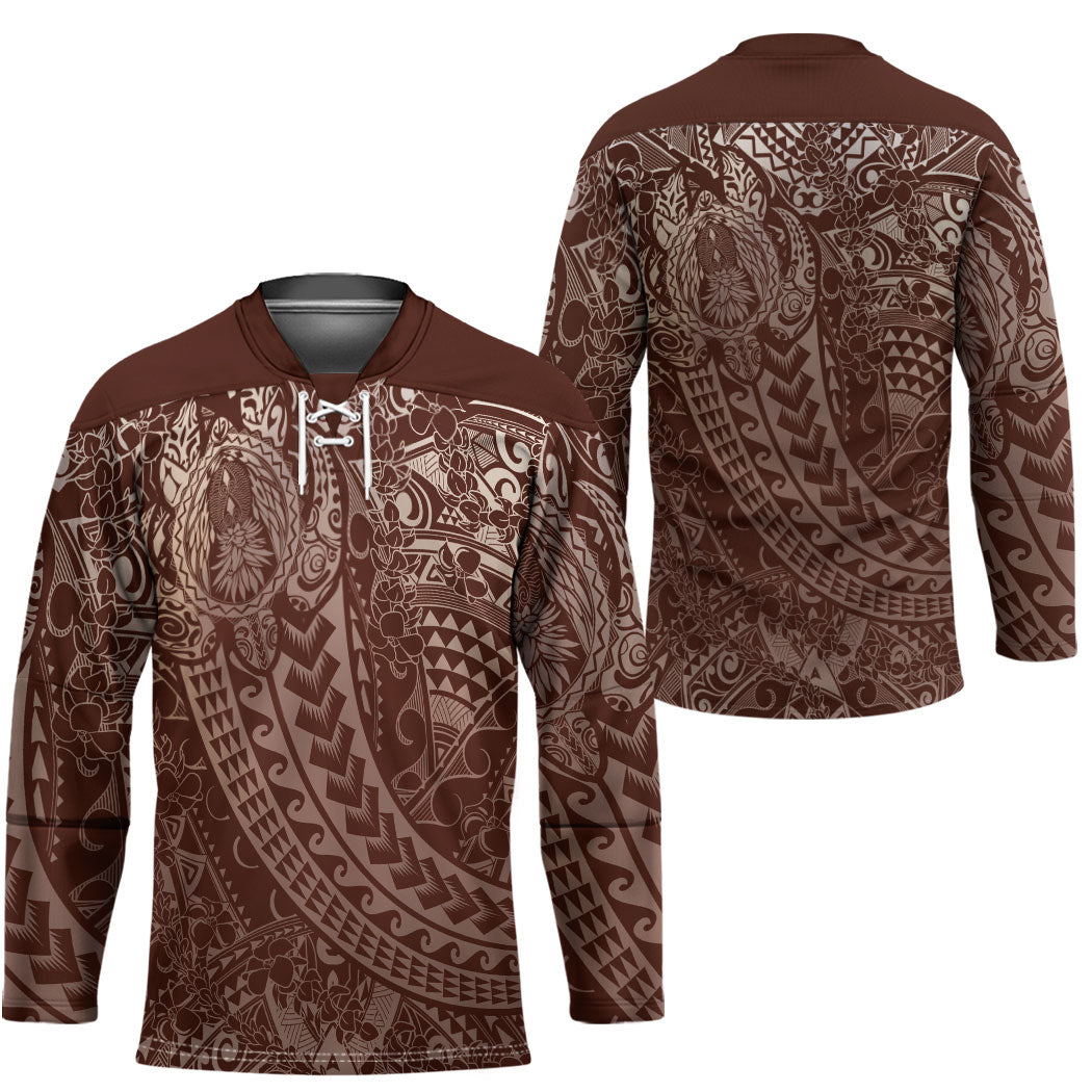 Hawaiian Turtles and Leis Hockey Jersey Tribal Kakau Pattern Mocha Mousse Color