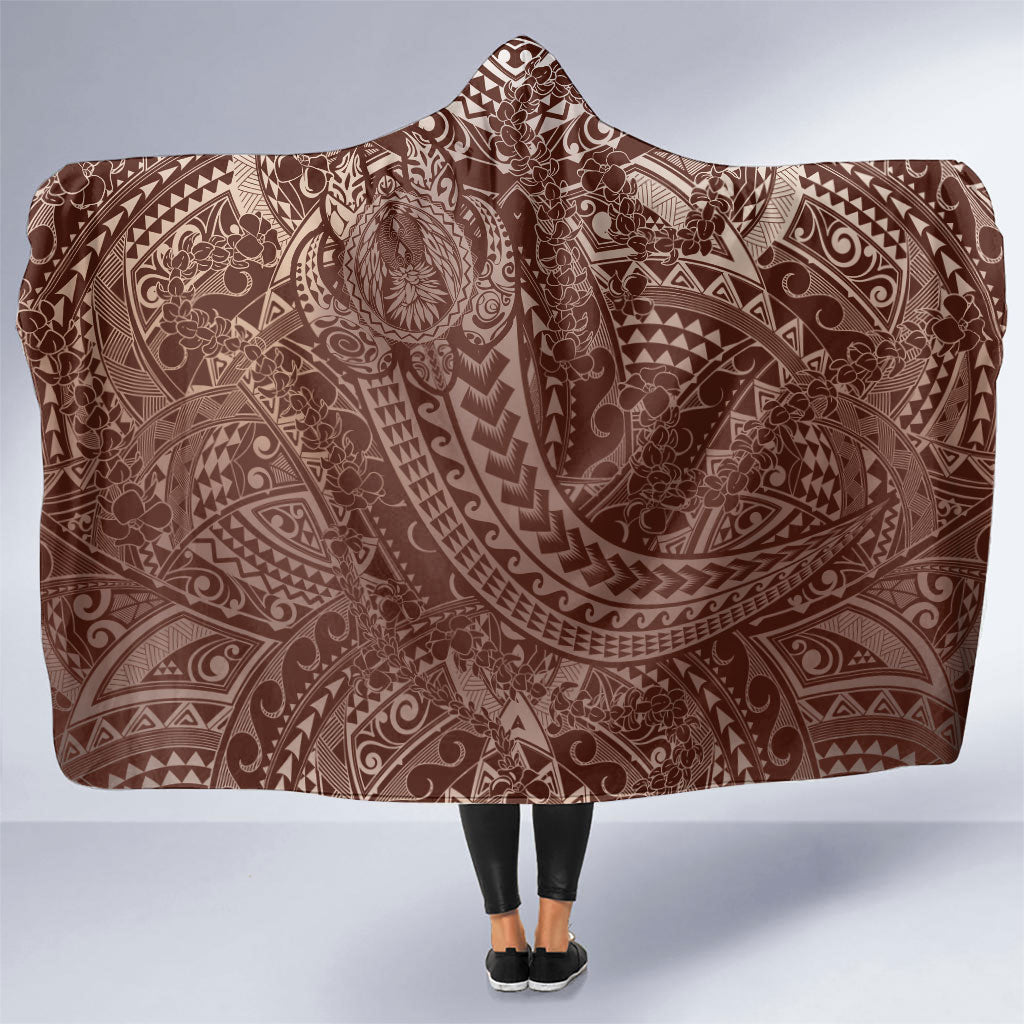Hawaiian Turtles and Leis Hooded Blanket Tribal Kakau Pattern Mocha Mousse Color