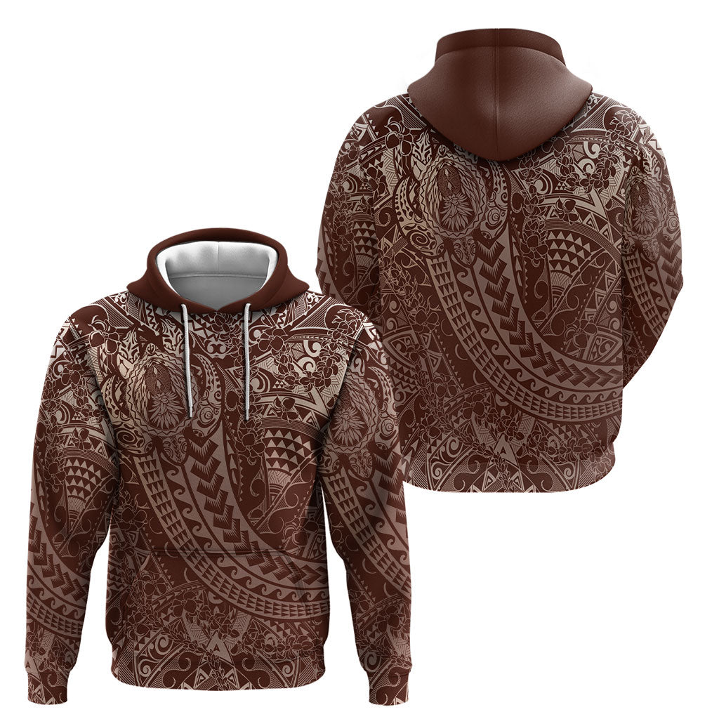 Hawaiian Turtles and Leis Hoodie Tribal Kakau Pattern Mocha Mousse Color
