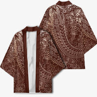 Hawaiian Turtles and Leis Kimono Tribal Kakau Pattern Mocha Mousse Color