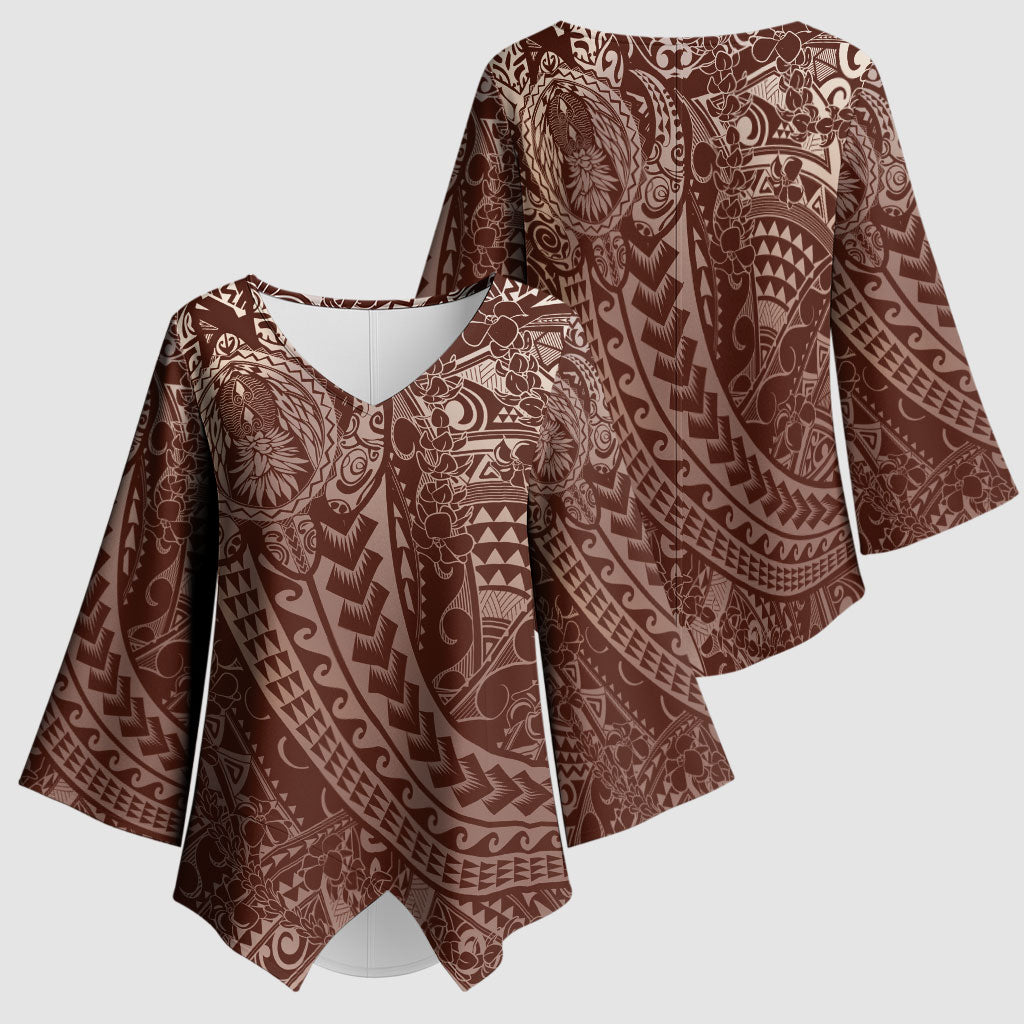 Hawaiian Turtles and Leis Kimono Sleeve Blouse Tribal Kakau Pattern Mocha Mousse Color