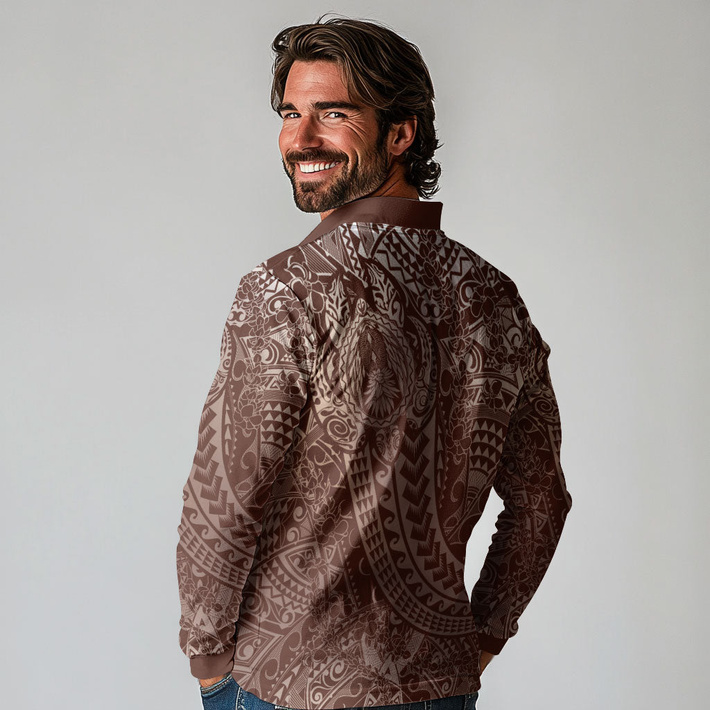 Hawaiian Turtles and Leis Long Sleeve Polo Shirt Tribal Kakau Pattern Mocha Mousse Color