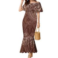 Hawaiian Turtles and Leis Mermaid Dress Tribal Kakau Pattern Mocha Mousse Color