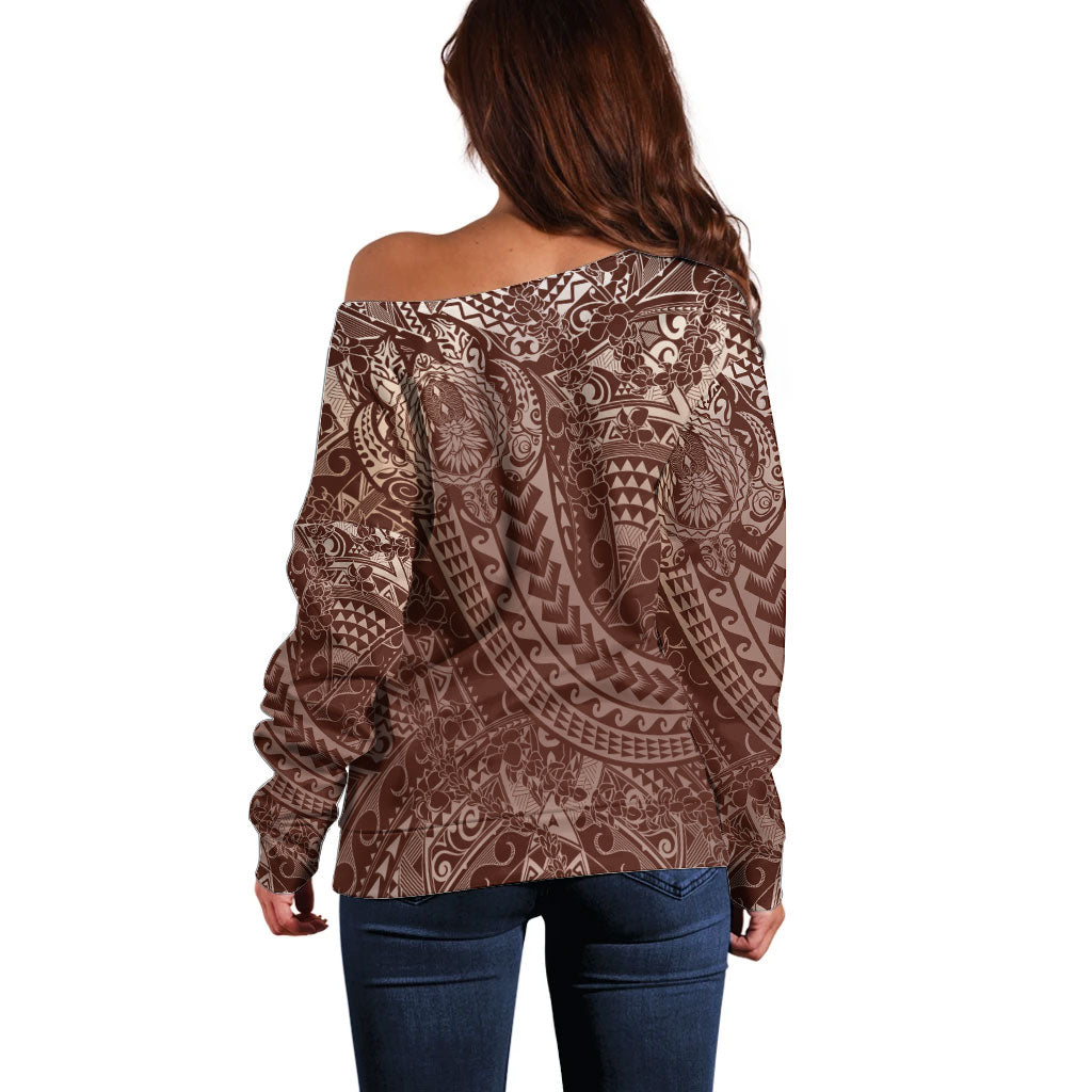 Hawaiian Turtles and Leis Off Shoulder Sweater Tribal Kakau Pattern Mocha Mousse Color