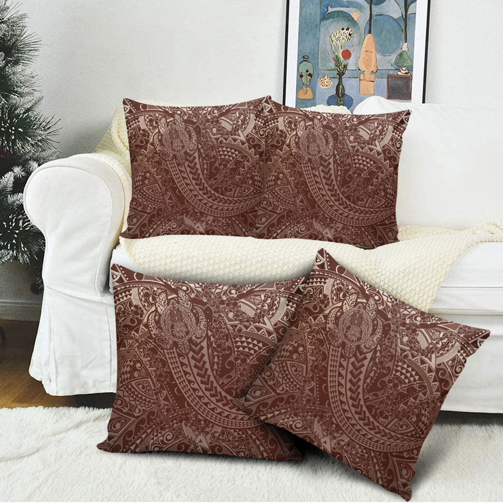 Hawaiian Turtles and Leis Pillow Cover Tribal Kakau Pattern Mocha Mousse Color