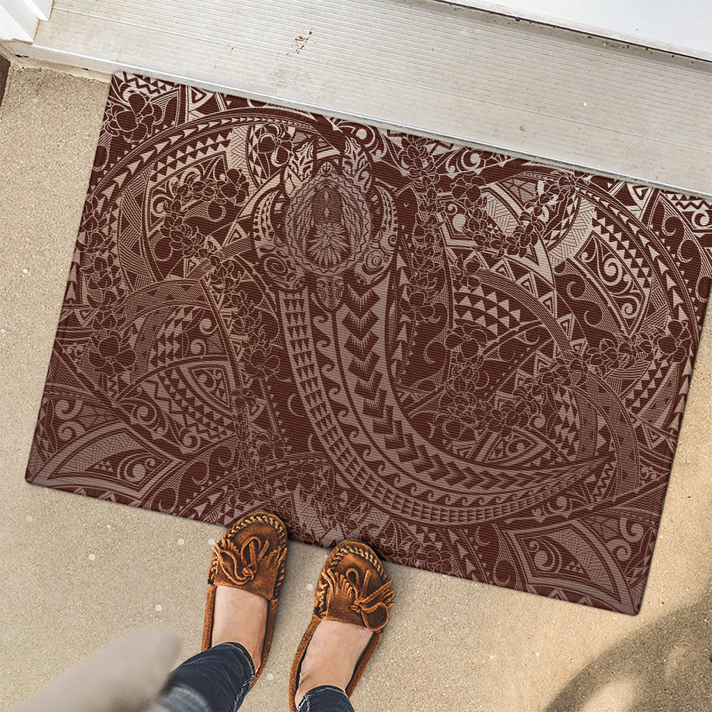Hawaiian Turtles and Leis Rubber Doormat Tribal Kakau Pattern Mocha Mousse Color