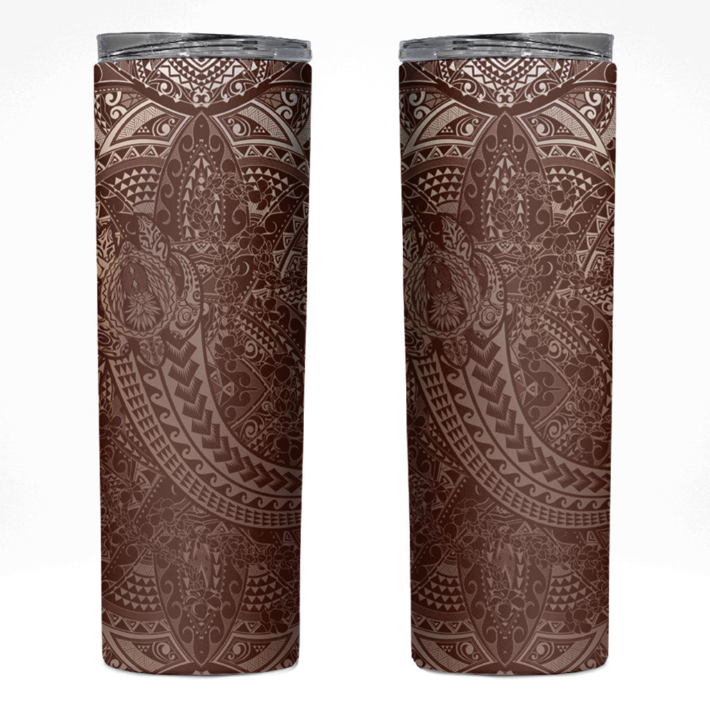 Hawaiian Turtles and Leis Skinny Tumbler Tribal Kakau Pattern Mocha Mousse Color