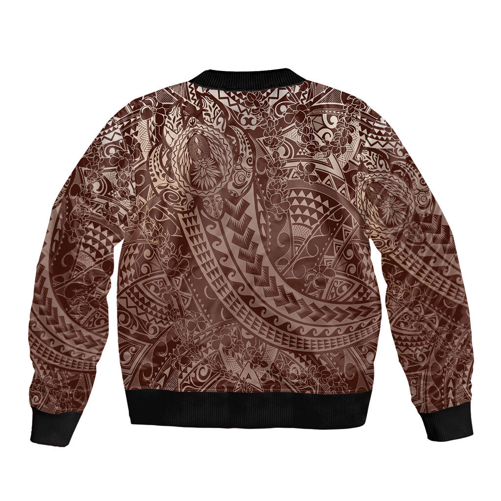 Hawaiian Turtles and Leis Sleeve Zip Bomber Jacket Tribal Kakau Pattern Mocha Mousse Color