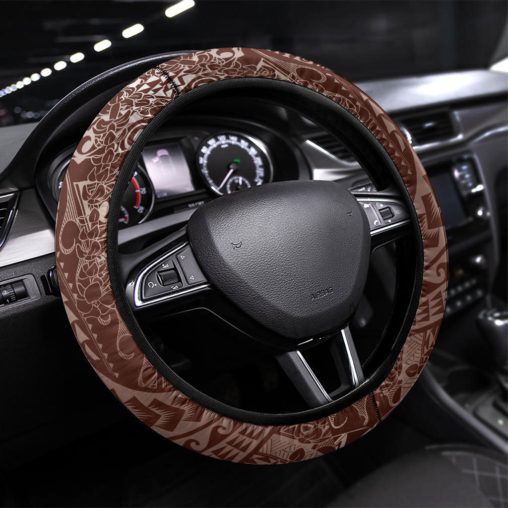 Hawaiian Turtles and Leis Steering Wheel Cover Tribal Kakau Pattern Mocha Mousse Color LT03 Universal Fit Mocha Mousse - Polynesian Pride
