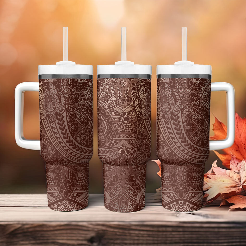 Hawaiian Turtles and Leis Tumbler With Handle Tribal Kakau Pattern Mocha Mousse Color