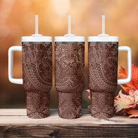 Hawaiian Turtles and Leis Tumbler With Handle Tribal Kakau Pattern Mocha Mousse Color