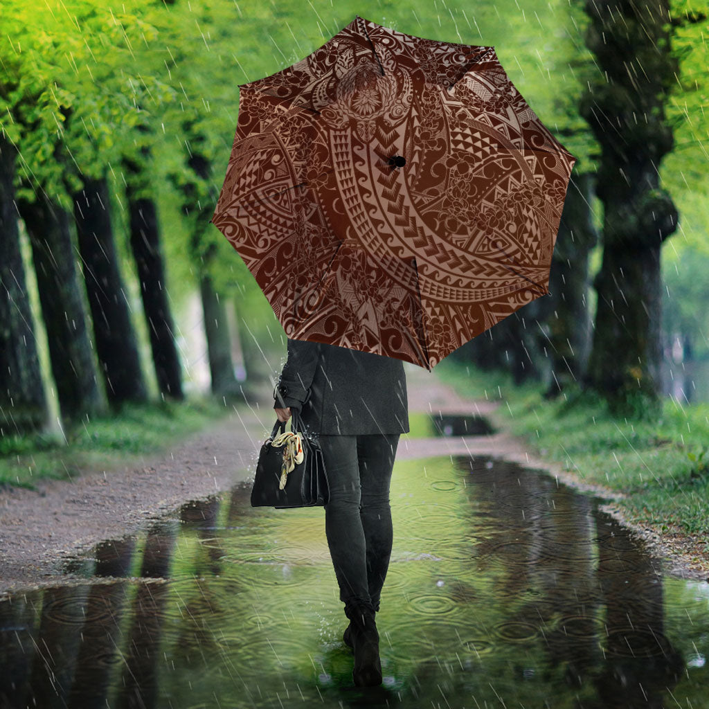 Hawaiian Turtles and Leis Umbrella Tribal Kakau Pattern Mocha Mousse Color