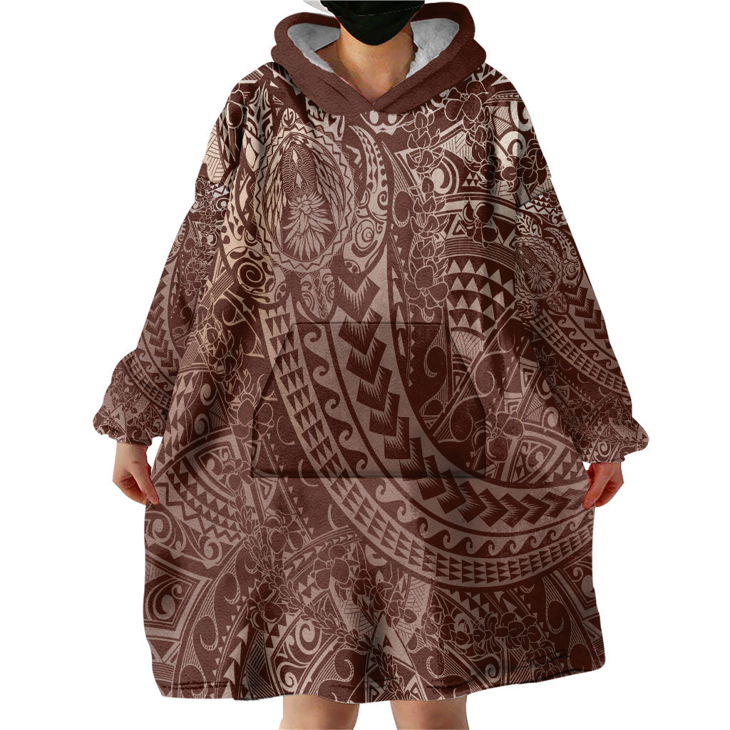 Hawaiian Turtles and Leis Wearable Blanket Hoodie Tribal Kakau Pattern Mocha Mousse Color