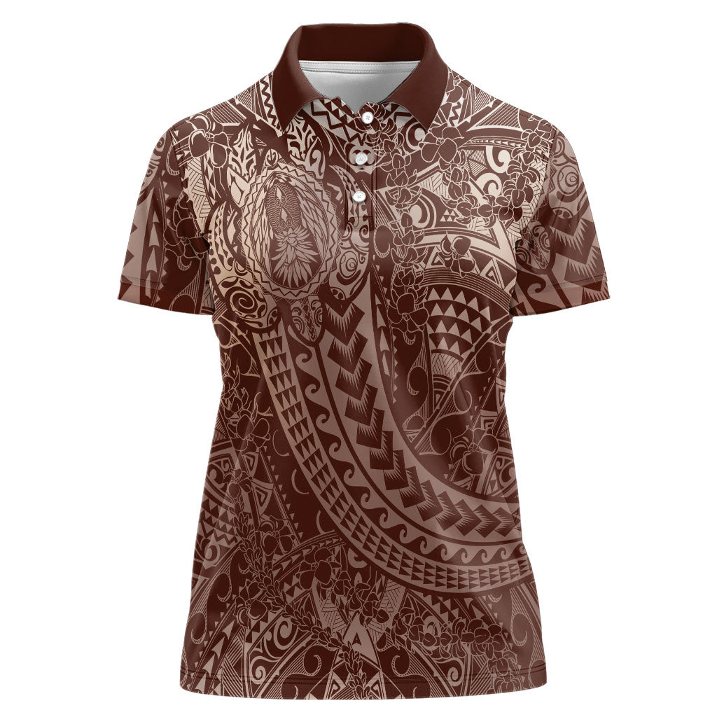Hawaiian Turtles and Leis Women Polo Shirt Tribal Kakau Pattern Mocha Mousse Color