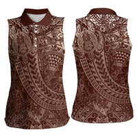 Hawaiian Turtles and Leis Women Sleeveless Polo Shirt Tribal Kakau Pattern Mocha Mousse Color