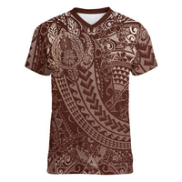 Hawaiian Turtles and Leis Women V-Neck T-Shirt Tribal Kakau Pattern Mocha Mousse Color