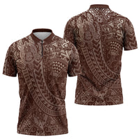 Hawaiian Turtles and Leis Zipper Polo Shirt Tribal Kakau Pattern Mocha Mousse Color