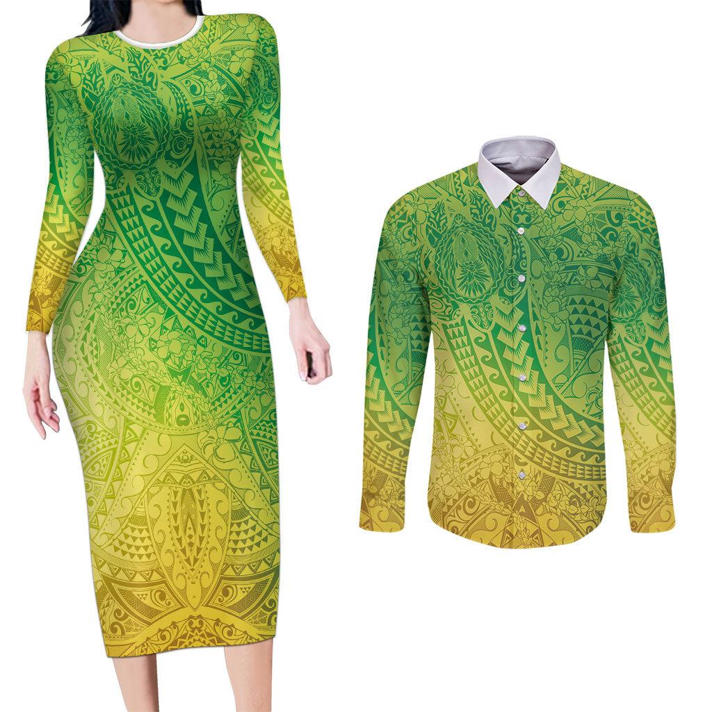 Hawaiian Turtles and Leis Couples Matching Long Sleeve Bodycon Dress and Long Sleeve Button Shirt Tribal Kakau Pattern Fresh Summer Vibe
