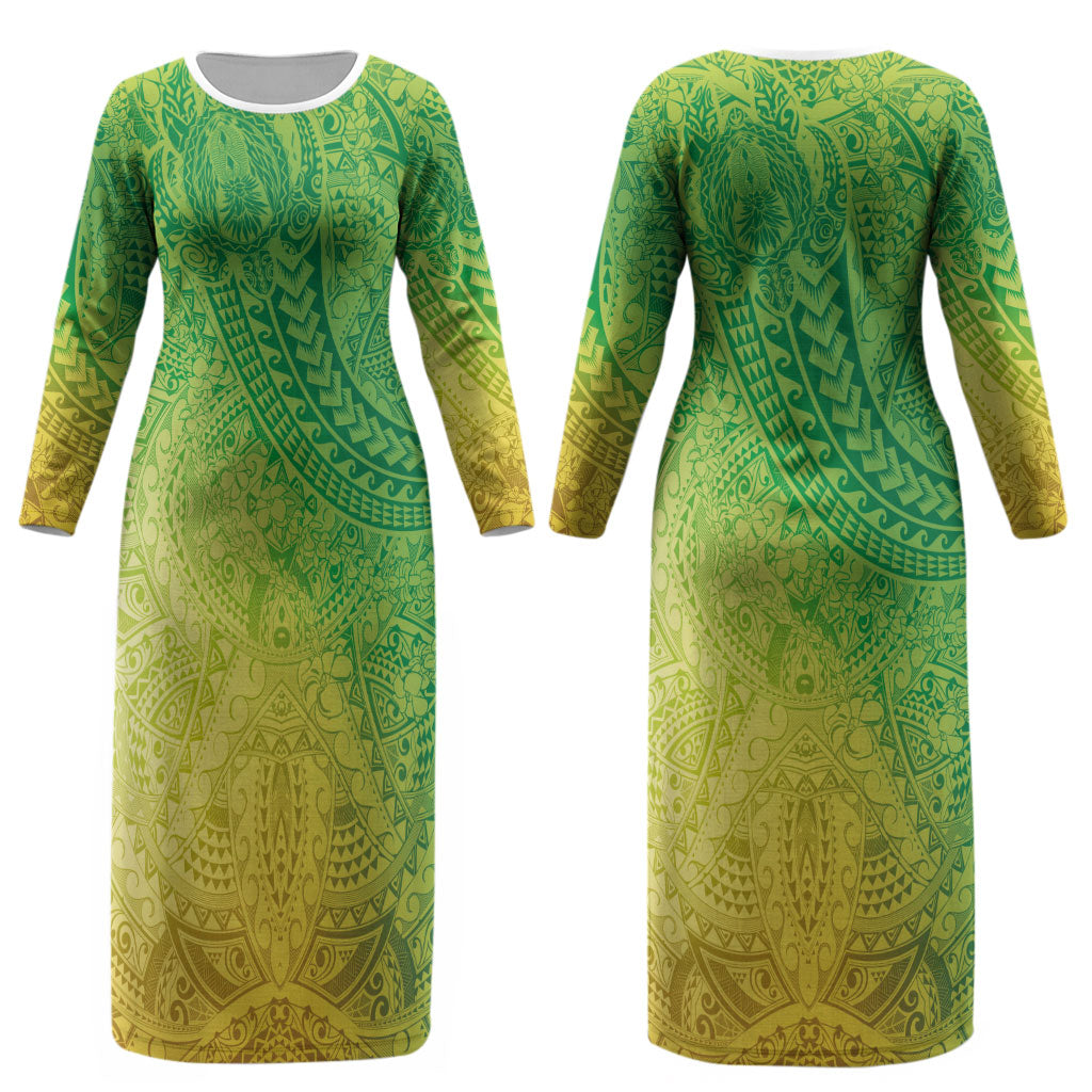 Hawaiian Turtles and Leis Couples Matching Long Sleeve Bodycon Dress and Long Sleeve Button Shirt Tribal Kakau Pattern Fresh Summer Vibe LT03 - Polynesian Pride