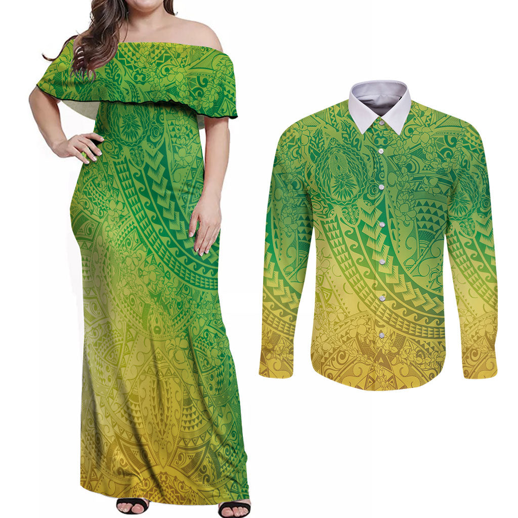 Hawaiian Turtles and Leis Couples Matching Off Shoulder Maxi Dress and Long Sleeve Button Shirt Tribal Kakau Pattern Fresh Summer Vibe