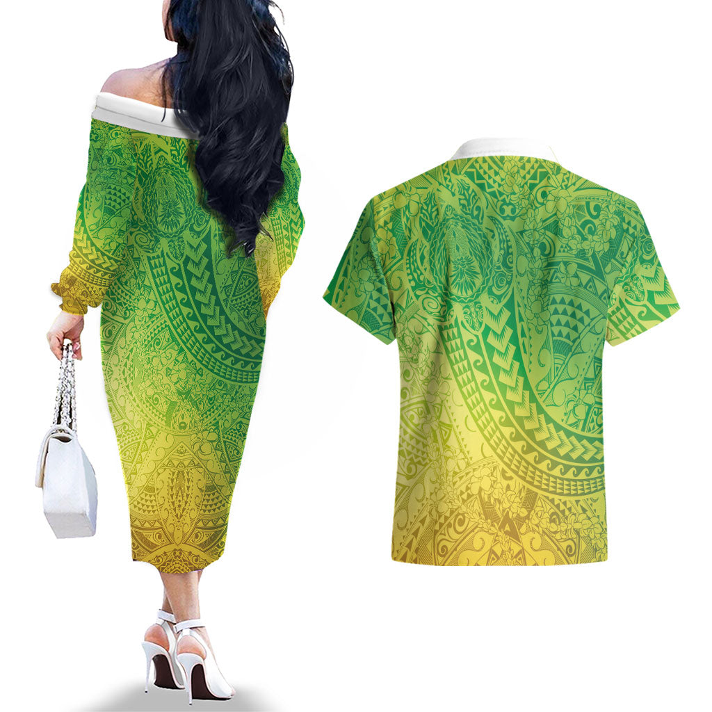 Hawaiian Turtles and Leis Couples Matching Off The Shoulder Long Sleeve Dress and Hawaiian Shirt Tribal Kakau Pattern Fresh Summer Vibe
