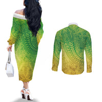 Hawaiian Turtles and Leis Couples Matching Off The Shoulder Long Sleeve Dress and Long Sleeve Button Shirt Tribal Kakau Pattern Fresh Summer Vibe