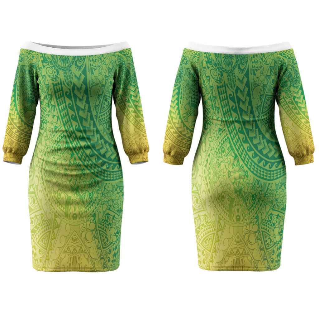 Hawaiian Turtles and Leis Couples Matching Off The Shoulder Long Sleeve Dress and Long Sleeve Button Shirt Tribal Kakau Pattern Fresh Summer Vibe LT03 - Polynesian Pride