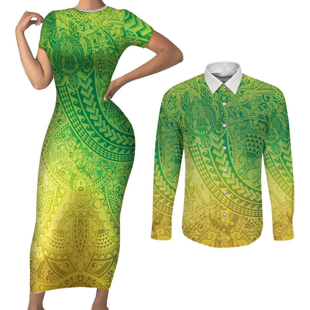 Hawaiian Turtles and Leis Couples Matching Short Sleeve Bodycon Dress and Long Sleeve Button Shirt Tribal Kakau Pattern Fresh Summer Vibe LT03 Green - Polynesian Pride