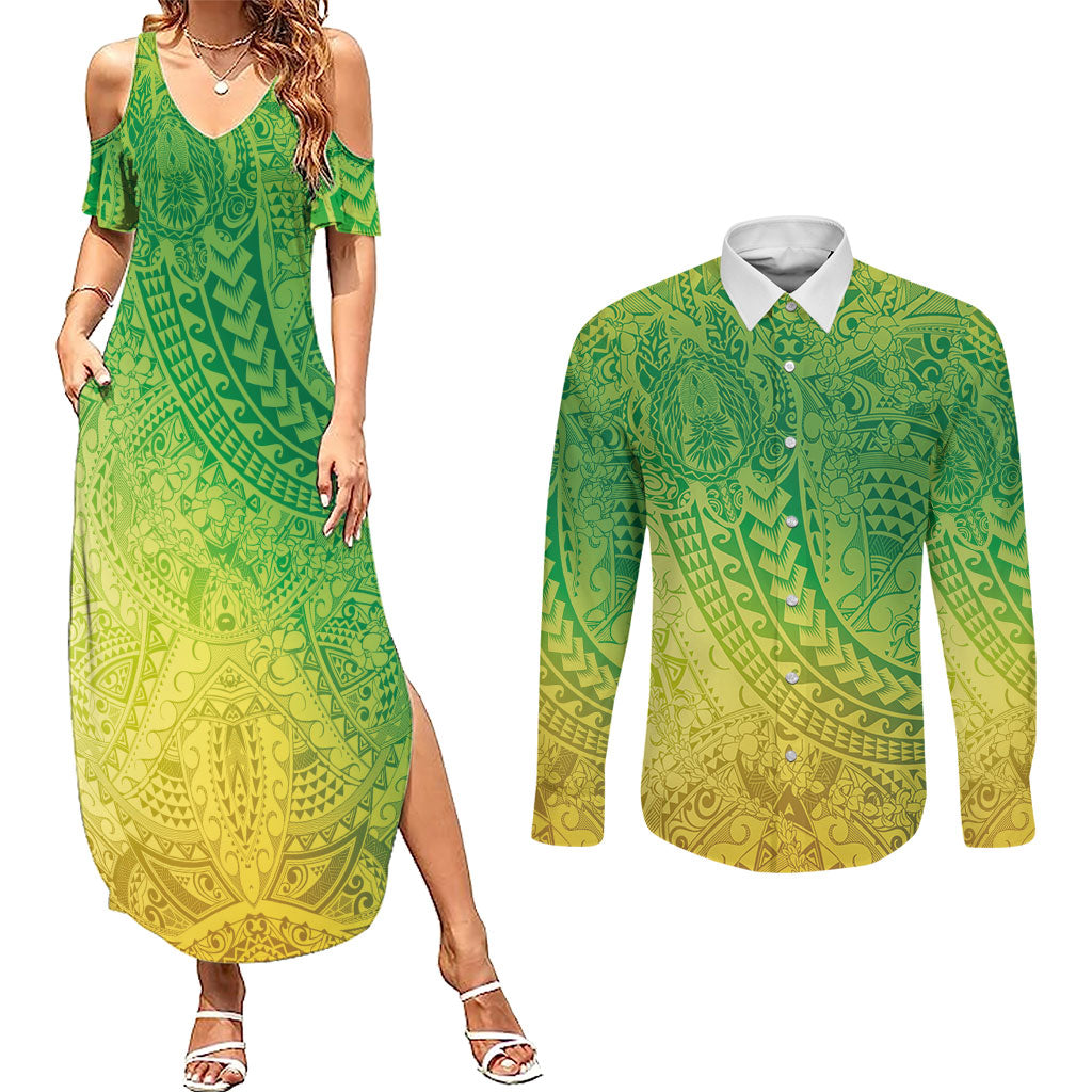 Hawaiian Turtles and Leis Couples Matching Summer Maxi Dress and Long Sleeve Button Shirt Tribal Kakau Pattern Fresh Summer Vibe