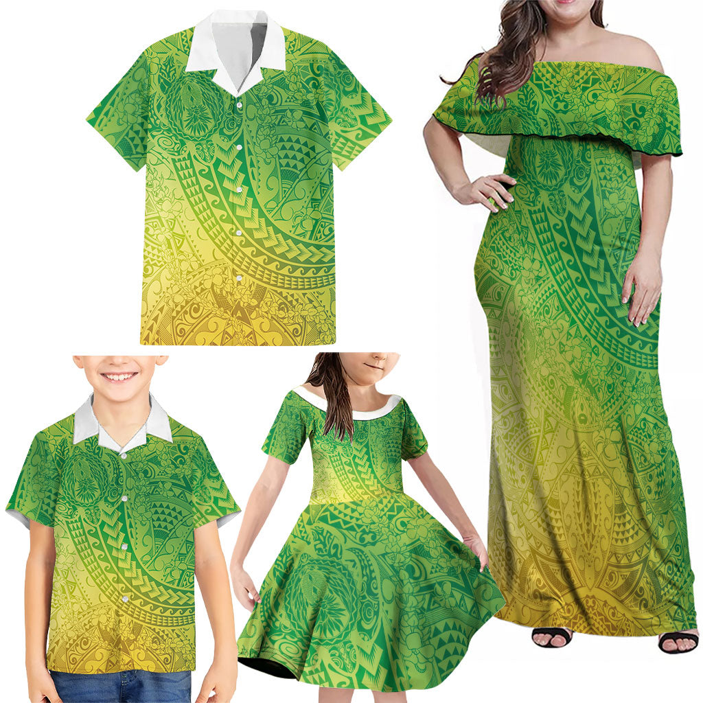 Hawaiian Turtles and Leis Family Matching Off Shoulder Maxi Dress and Hawaiian Shirt Tribal Kakau Pattern Fresh Summer Vibe LT03 - Polynesian Pride