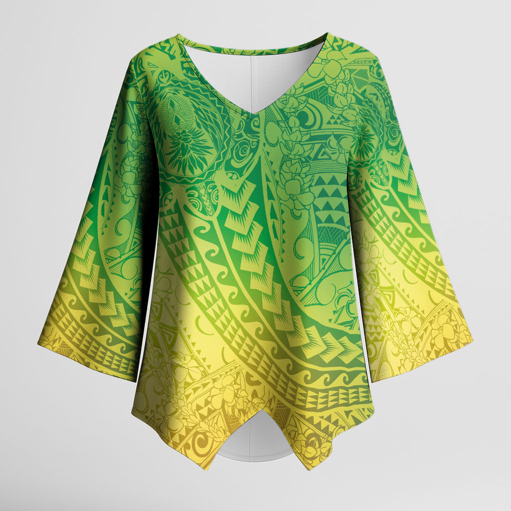 Hawaiian Turtles and Leis Kimono Sleeve Blouse Tribal Kakau Pattern Fresh Summer Vibe LT03 Female Green - Polynesian Pride