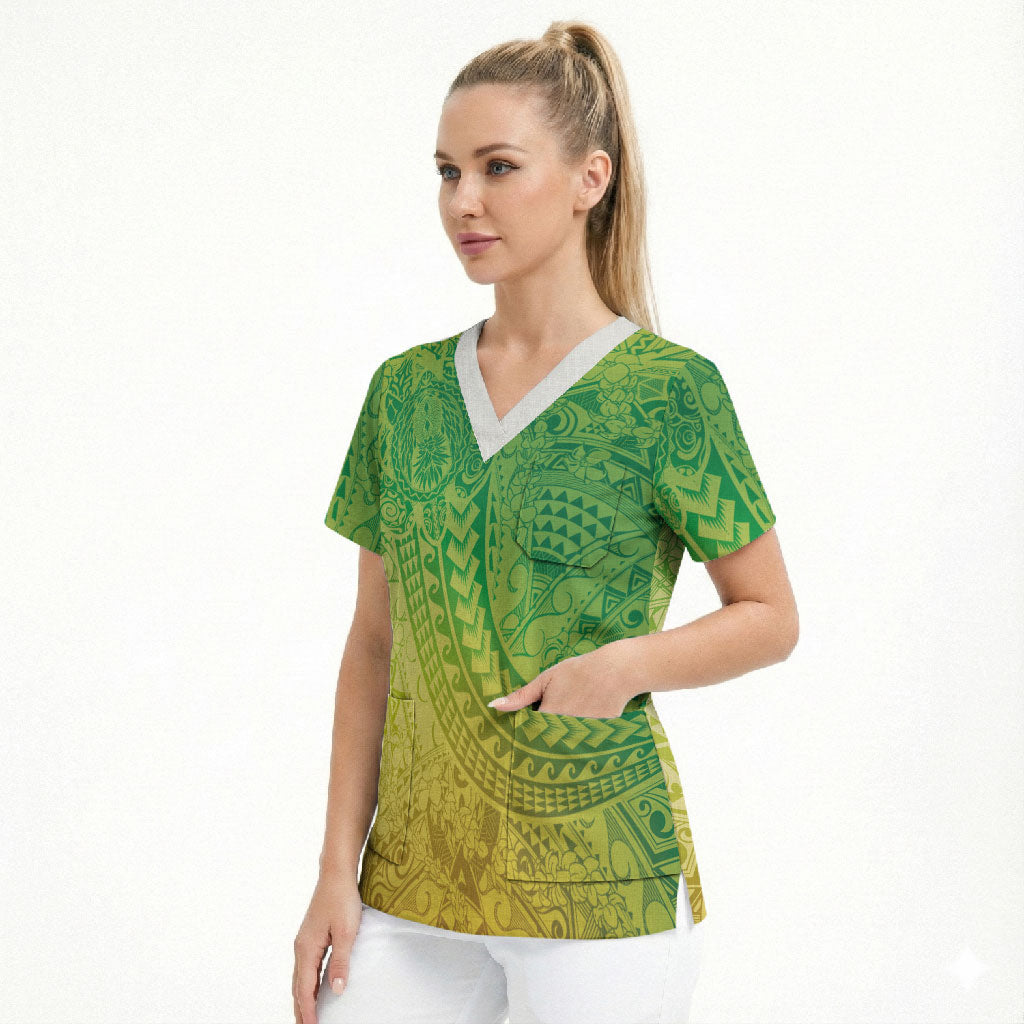 Hawaiian Turtles and Leis Scrub Top Tribal Kakau Pattern Fresh Summer Vibe